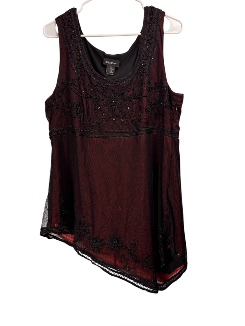 Vintage y2k Fairy Grunge Mesh Overlay Beaded Red Black Asymmetrical Top Size 20